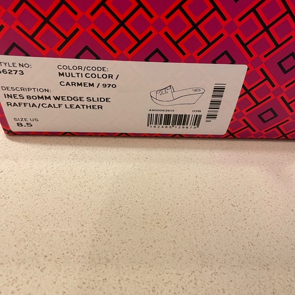 Tory Burch wedge sandal NWT box & dust bag. Leather & raffia. Size 8.5 - Picture 8 of 9